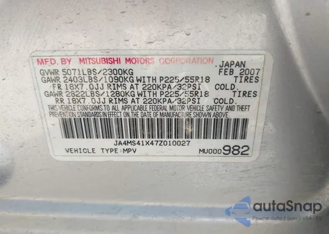 2007 Mitsubishi Outlander Xls из США, поврежденный, VIN JA4MS41X47Z010027